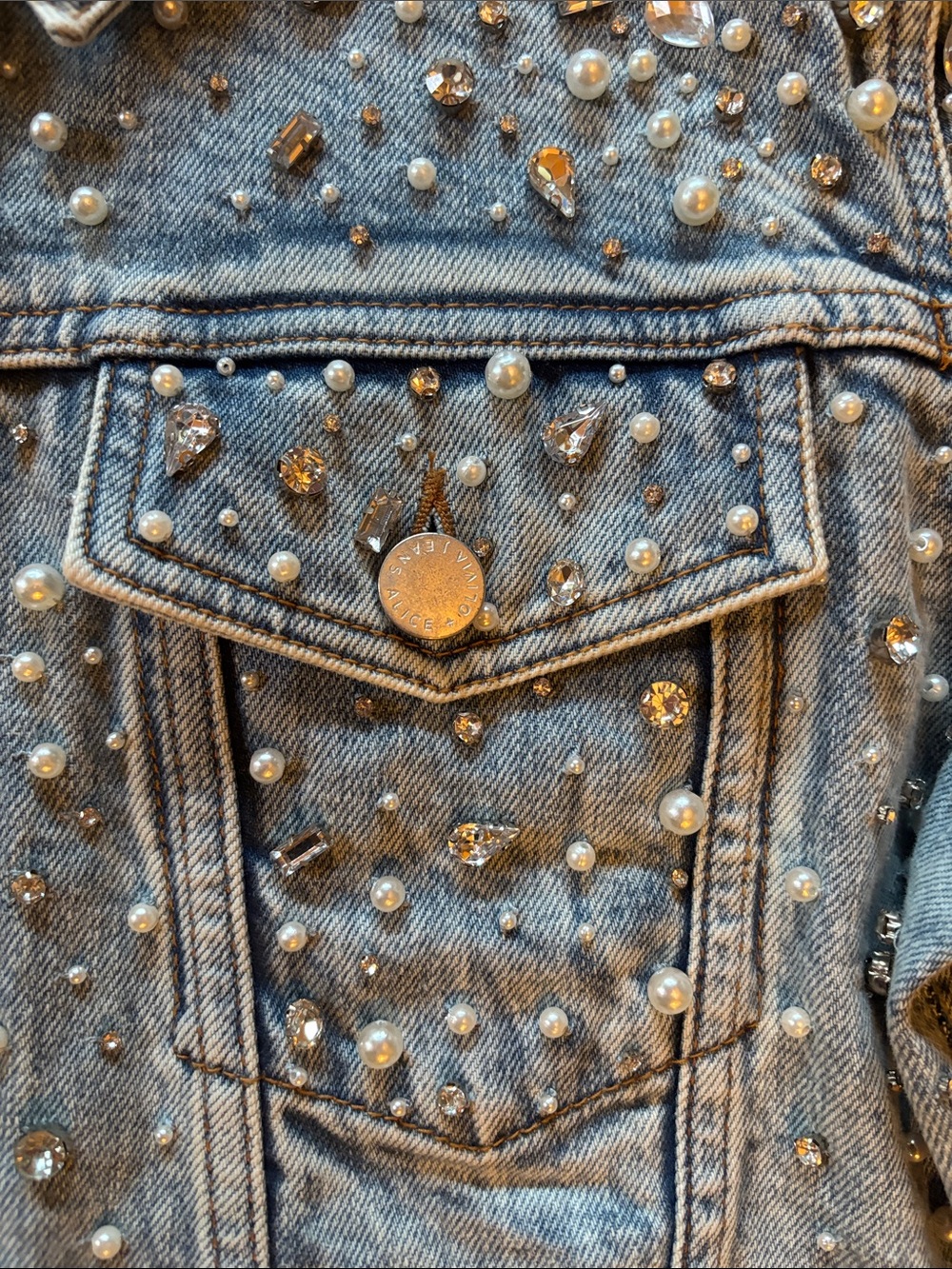 Alice + Olivia Light Blue Pearl-Embellished Denim Jacket - Picture 4 of 16